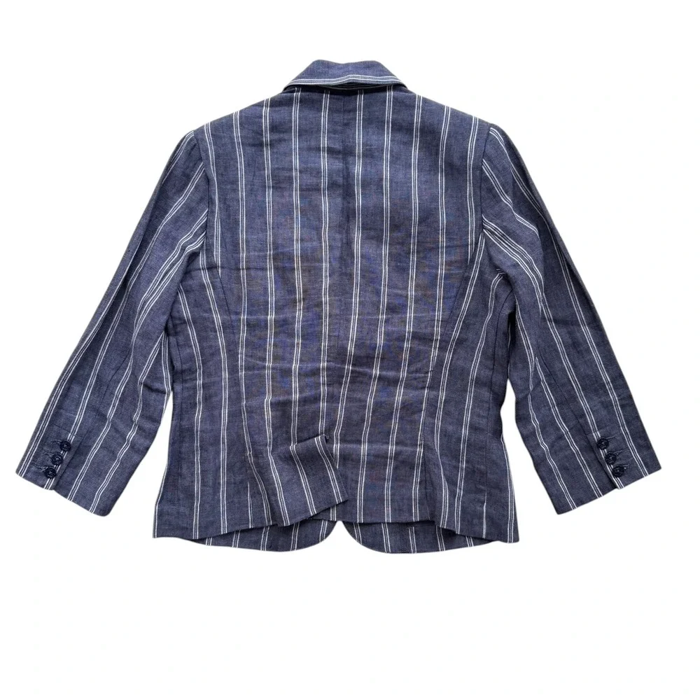 Cabi Women 8 Navy Blue White Stripe 100% Linen Anchor Button Blazer 871 Nautical